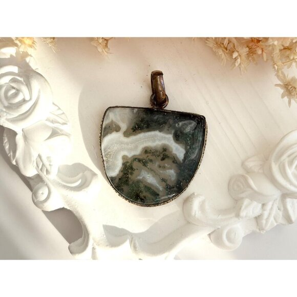 Moss Agate Geometric Gold Tint Gemstone Sterling Silver 925 Vintage Pendant - Picture 2 of 10